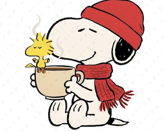 Snoopy Winter PNG, Snoopy and Woodstock Hot Cocoa, Cozy Beanie Scarf Winter Clipart (Digital Download)