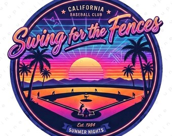 Retro Baseball Sunset PNG, Swing for the Fences Neon Design, Vintage California Baseball Club, 80s Synthwave Summer Nights Digital Download
