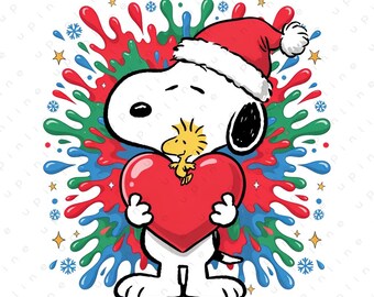 Snoopy Christmas PNG, Santa Hat Heart Color Splash Clipart (Digital Download)