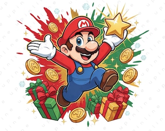 Super Mario Christmas PNG, Star Coins & Gift Boxes (Digital Download)