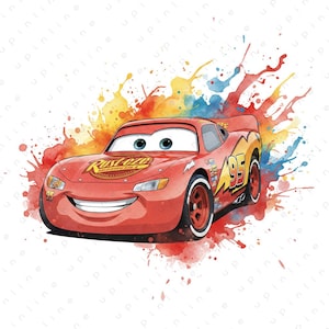 May include: A watercolor illustration of Lightning McQueen from the movie Cars. The red race car has a smiling face and the number 95 on the side. The background features colorful paint splatters in red, yellow, blue, and orange.