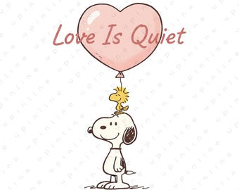 Snoopy Balloon Illustration | Quiet Love Cartoon Art | Minimal Valentine Artwork | Digital Download