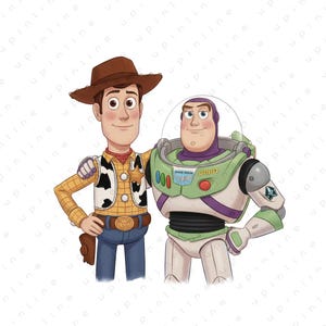May include: Illustration of Woody, a cowboy with a brown hat, and Buzz Lightyear, a space ranger in a green and white suit. Woody wears a yellow shirt, a cow-print vest, and blue jeans. Buzz has a clear helmet and a green and purple suit.