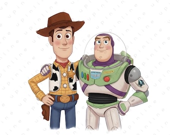 Ilustracja przedstawiająca przyjaźń Woody'ego i Buzza | Sztuka inspirowana Toy Story | Grafika z kreskówki „Najlepsi Przyjaciele” | Emocjonalna grafika postaci | Pobieranie cyfrowe