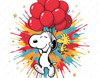Snoopy Birthday PNG, Woodstock Balloons Color Splash Clipart (Digital Download)
