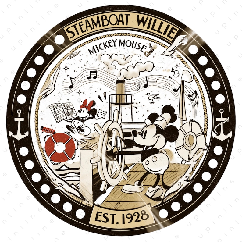 May include: Circular graphic featuring Mickey Mouse at the helm of a steamboat, with Minnie Mouse nearby. The design includes musical notes, a life preserver, and the text "Steamboat Willie" and "Mickey Mouse." The image is framed with a black border and the text "EST. 1928".