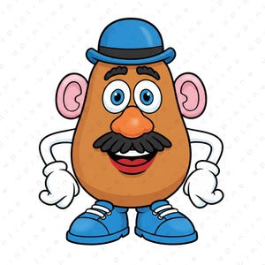 May include: A cartoon illustration of a potato-shaped character with a blue bowler hat, blue shoes, and white gloves. The character has a large black mustache, a red mouth, and pink ears. The eyes are blue, and the nose is orange.