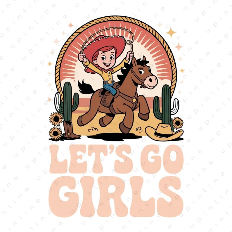 Może przedstawiać: Kresk&oacute;wka przedstawiająca kowbojkę jadącą na brązowym koniu, trzymającą lasso. Obraz zawiera kaktusy, słoneczniki, kapelusz kowbojski i tekst "LET'S GO GIRLS" w stylu retro.