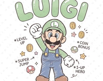 Luigi Level Up PNG, Retro Video Game Luigi Clipart ,Mario PNG for T Shirt, Instant Digital Download