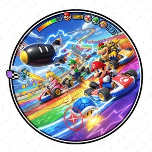 Mario Kart Rainbow Road PNG, Super Mario Racing Action Scene, Kart Battle Gaming Illustration, High Resolution Transparent Digital Download