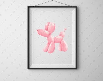 Pink Balloon Dog Wall Art, Modern Pop Art Printable, Cute Dog Illustration, Minimal Nursery Decor, Digital Download
