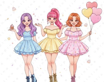 Süßer K-Pop Girl Geburtstag PNG, Pastel Party Illustration, Girl Group Geburtstagsdesign, digitaler Download