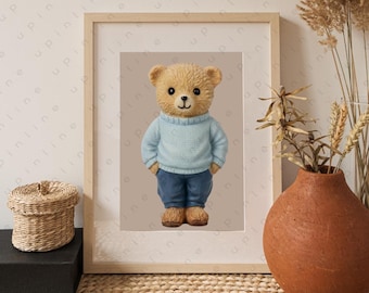 Cute Teddy Bear Nursery Wall Art Set, Kids Room Printable Bear Illustrations, Baby Room Decor, Neutral Animal Art, Digital Download PNG