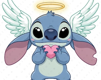 Angel Stitch PNG, Cute Stitch with Heart and Wings, Valentine Love Sublimation (Digital Download)