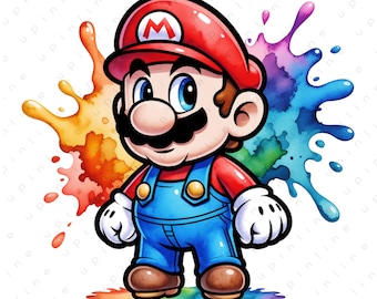 Mario PNG, Super Mario Clipart, Mario Doodle Design, Mario Shirt PNG, Watercolor Splash Cricut File, Mario Digital Download