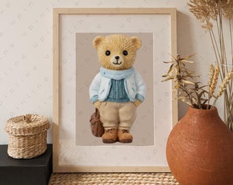 Cute Teddy Bear Nursery Wall Art Set, Kids Room Printable Bear Illustrations, Baby Room Decor, Neutral Animal Art, Digital Download PNG