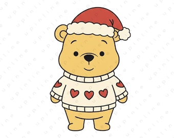Christmas Pooh Bear Clipart SVG PNG, Cartoon Art (Digital Download)