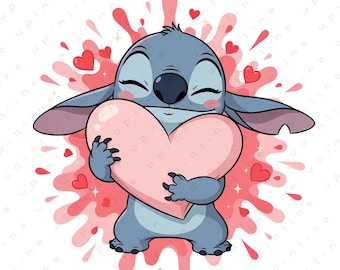 Valentine Stitch PNG, Cute Stitch Hugging Pink Heart, Love Heart Sublimation (Digital Download)