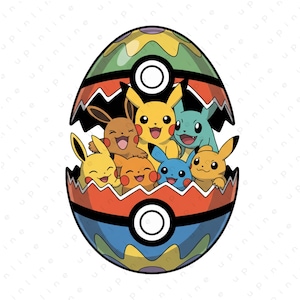 以下が含まれることがあります： ひびの入った卵型のデザインの中に、いくつかの漫画のキャラクターが描かれたカラフルなグラフィック。卵は赤、青、緑、黄色のセクションに分かれています。キャラクターは、黄色、茶色、青など、さまざまな色です。