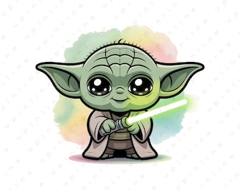 Baby Yoda Watercolor Clipart | Cute Grogu PNG,Pastel Rainbow Splash Grogu, Kids Birthday Shirt Design, Chibi Star Wars Art, Digital Download