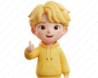 3D K-Pop Boy PNG, niedlicher Chibi Hoodie Charakter, Kindergeburtstag digitaler Download