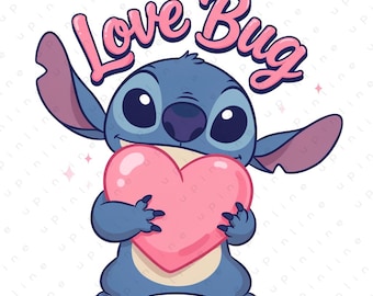 Love Bug Stitch PNG, Cute Stitch Holding Pink Heart, Valentine Love Sublimation Design (Digital Download)