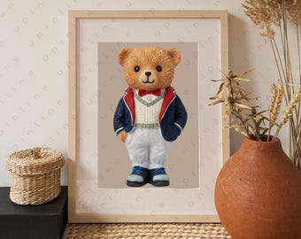 Cute Teddy Bear Nursery Wall Art Set, Kids Room Printable Bear Illustrations, Baby Room Decor, Neutral Animal Art, Digital Download PNG