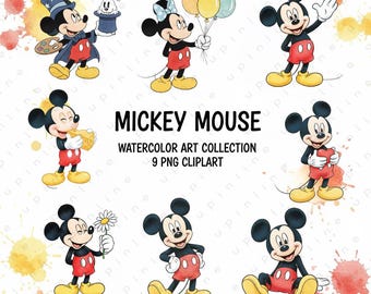 Mickey Mouse Watercolor Clipart, Cartoon Mouse (9 PNG)