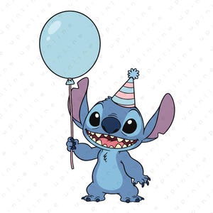 Könnte beinhalten: Cartoon-Illustration eines blauen, außerirdischen Charakters, der einen hellblauen Ballon hält. Die Figur trägt einen Partyhut mit rosa und blauen Streifen und hat ein breites, zahnreiches Grinsen. Das Bild hat ein spielerisches und festliches Thema.