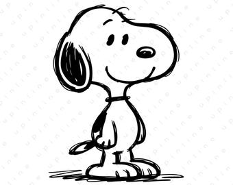 Snoopy Minimal Line Drawing PNG, Cute Cartoon Dog Outline, Aesthetic Black Digital Print