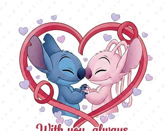 With You, Always Stitch Couple PNG | Cute Romantic Stitch & Angel Heart Design | Valentines Love Quote Art | Kawaii Digital Download | PNG