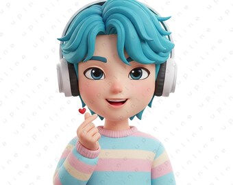 3D K-Pop Boy PNG, süßes Chibi Idol mit Kopfhörern, digitaler Download