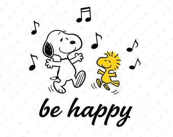 Be Happy Snoopy & Woodstock PNG | Cute Dancing Cartoon Quote Art | Minimal Line Art Design | PNG, Cricut Cut File (Digital Download)