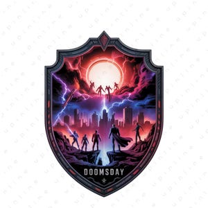Könnte beinhalten: Schildförmige Grafik mit einer Stadtlandschaft unter einem roten und violetten Himmel mit Blitzen. Silhouetten stehen auf Klippen und blicken auf Figuren am Himmel. Das Wort "DOOMSDAY" befindet sich unten.