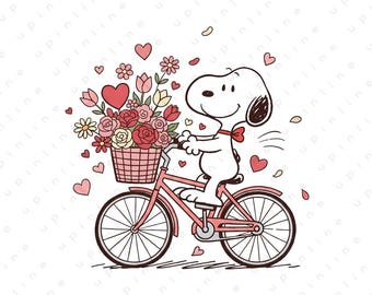 Snoopy Bicycle Illustration | Cute Romantic Cartoon Art | Flower Basket Love Artwork | Digital Download