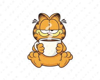 May include: Orange cartoon cat Garfield holding a white mug of coffee with steam rising. The cat is sitting with its legs crossed, and has a grumpy expression. The image is a cartoon illustration on a white background.
