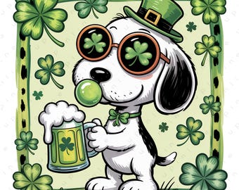 Snoopy Inspired St Patricks Day PNG | Cute Lucky Dog Holding Green Beer | Shamrock Cartoon Clipart | High Resolution Digital Download