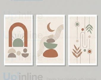 Boho Abstract Wall Art Set, Mid Century Modern Geometric Print (Digital Download)