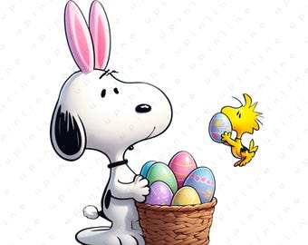 Snoopy Inspired Easter Bunny PNG Clipart, Easter Eggs Basket (Digital Download)
