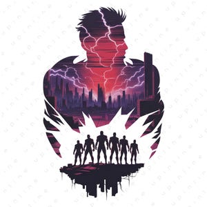 Könnte beinhalten: Digitale Illustration eines menschlichen Silhouettenkopfes und -schultern mit einem Stadtbild und Blitzdesign im Inneren. Darunter stehen sechs Figuren auf einer Plattform. Die Farben sind Rot, Lila und Schwarz.