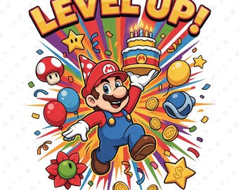 Mario Birthday PNG, Level Up Cake Balloons Gaming Party (Digital Download)