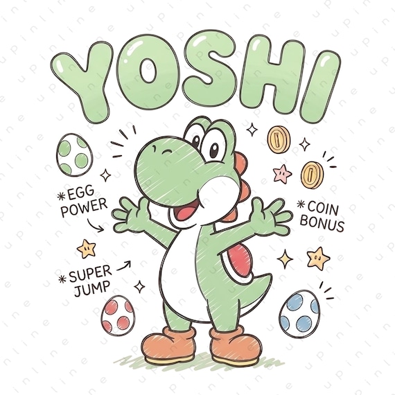 Yoshi PNG, Cute Yoshi Clipart, Mario Yoshi Doodle Design, Yoshi Shirt PNG, Yoshi Cricut File, Gaming Character Digital Download