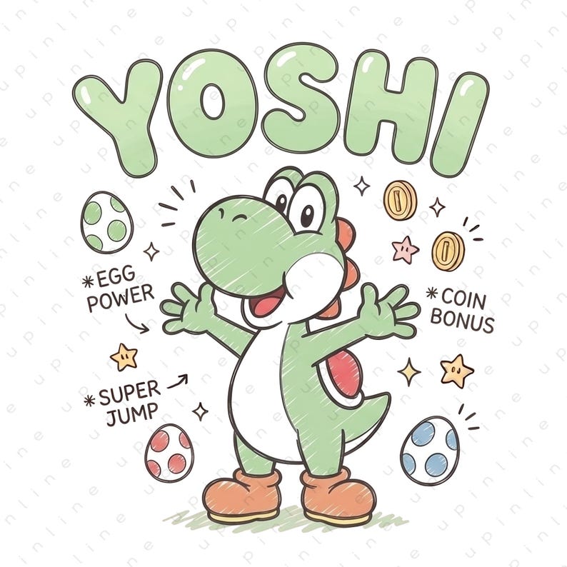 Yoshi PNG, Cute Yoshi Clipart, Mario Yoshi Doodle Design, Yoshi Shirt PNG, Yoshi Cricut File, Gaming Character Digital Download image 1