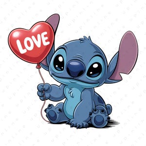 May include: A cartoon illustration of Stitch, a blue alien character, holding a red heart-shaped balloon with the word "LOVE" in white. Stitch has large black eyes and large ears. The image is on a white background.
