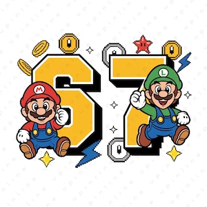 May include: A graphic featuring the numbers "67" with cartoon characters Mario and Luigi. Mario, in red, is on the left, and Luigi, in green, is on the right. The numbers are yellow with black outlines, and pixelated coins and stars surround the characters.