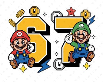 Super Mario Luigi Six Seven, 6 7 Birthday PNG, Retro Cartoon Clipart PNG (Digital Download)