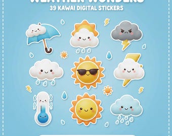 Weather Wonders – Kawaii Weather Stickers | Cute Digital Planner Stickers | Rain Sun Cloud Icons | GoodNotes iPad Stickers(Digital Download)