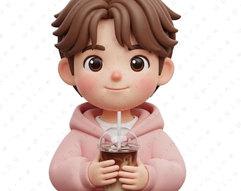 Süßer 3D-Chibi-Junge, der Kaffee hält PNG, K-Pop-Stil Charakter, digitaler Download