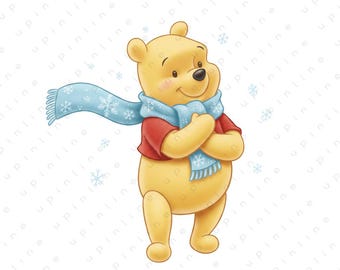 May include: A cartoon illustration of Winnie the Pooh wearing a red shirt and a light blue scarf with snowflake designs. The bear is smiling and has its arms crossed, with a few snowflakes in the background.