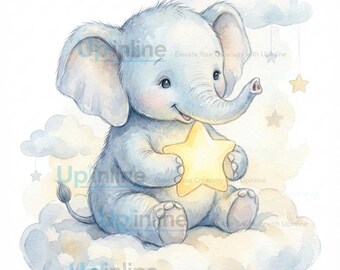 Watercolor Baby Elephant Print, Nursery Wall Art (Digital Download)